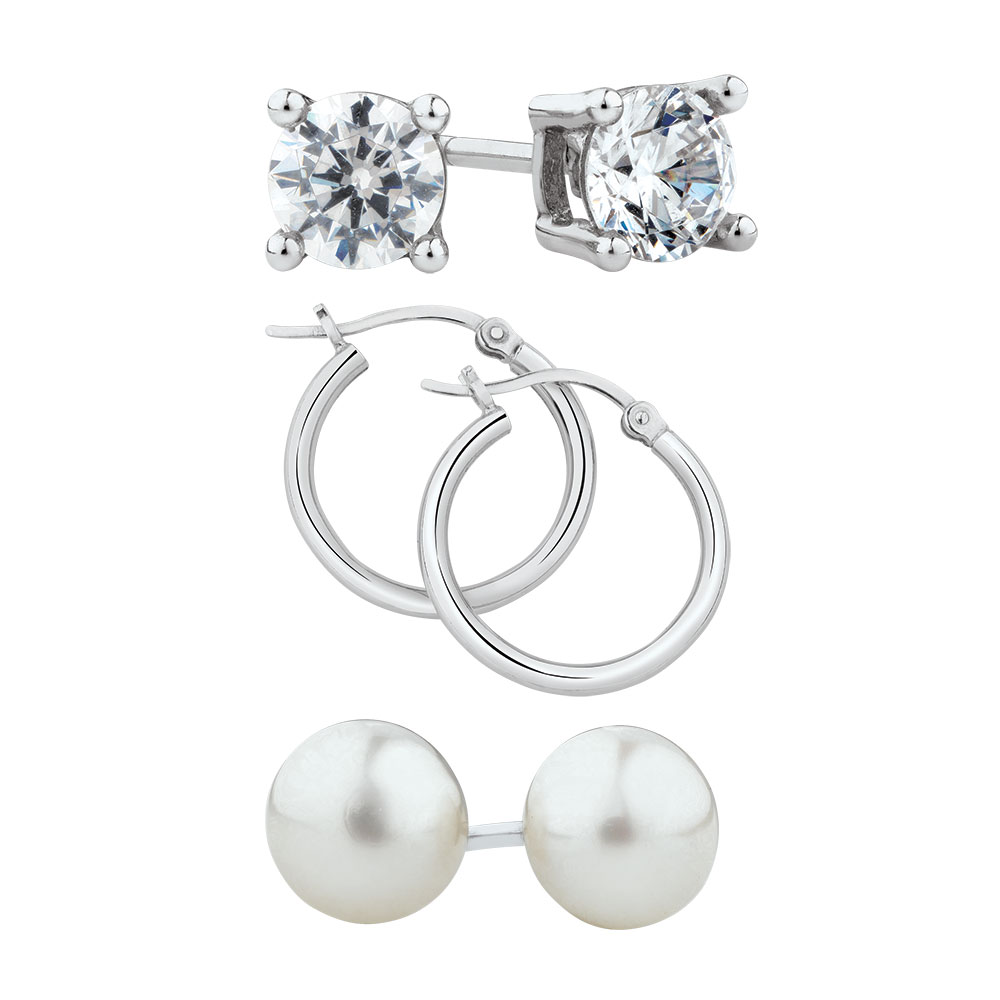 Stud & Hoop Earrings Set with Cultured Freshwater Pearls & Cubic