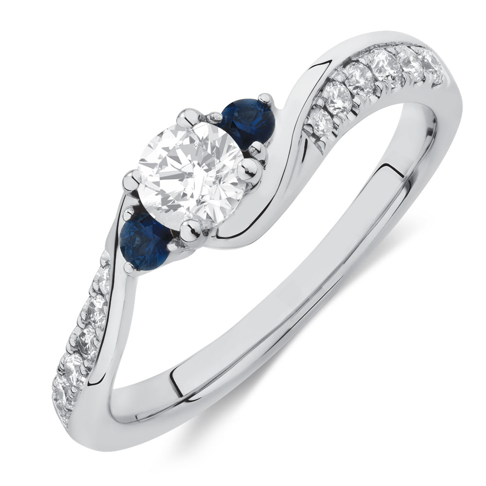 Three Stone Engagement Ring with Sapphire & 1/2 Carat TW of Diamonds in 10kt White Gold