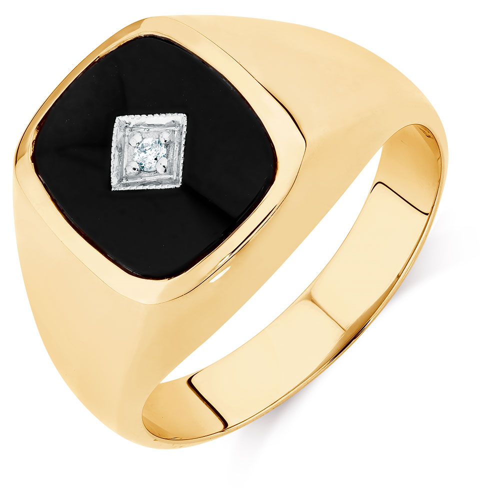 Men's Diamond Set Ring with Black Onyx in 10kt Yellow Gold