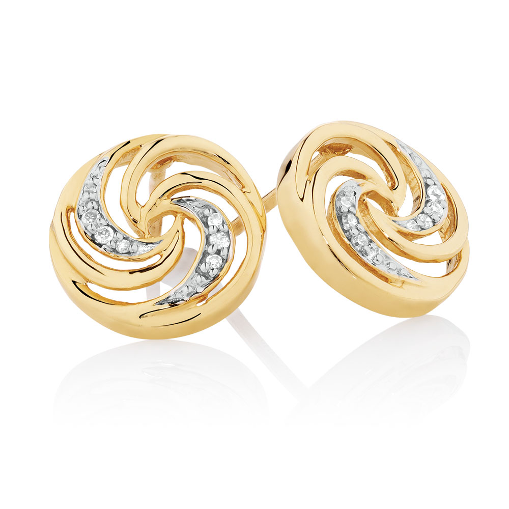 Swirl Stud Earrings with Diamonds in 10kt Yellow Gold