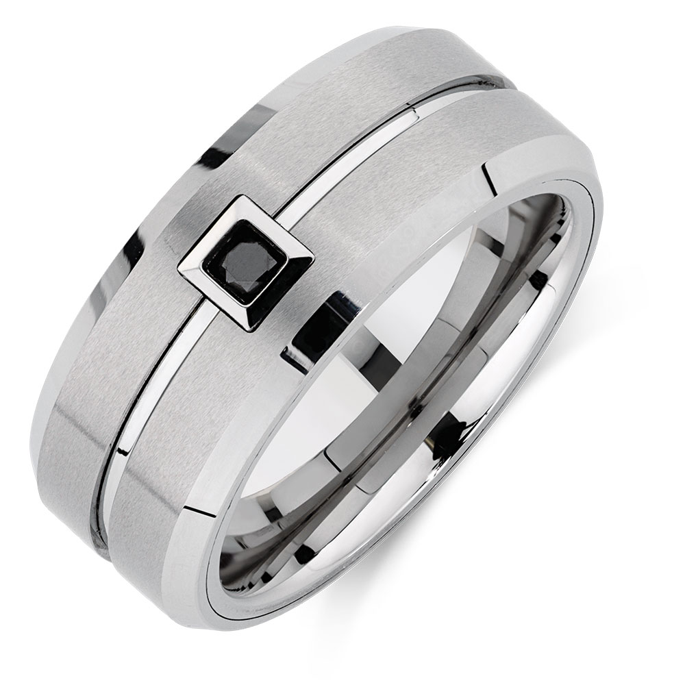 Men's Ring with an Enhanced Black Diamond in White Tungsten