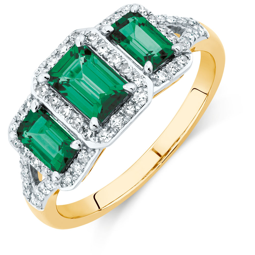 Three Stone Ring with Created Emerald and 1/4 Carat TW of Diamonds in 10kt Yellow Gold