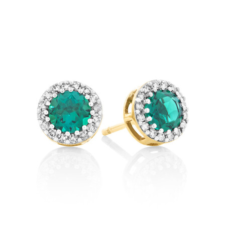 Halo Stud Earrings With Diamonds And Created Emerald In 10kt Yellow Gold