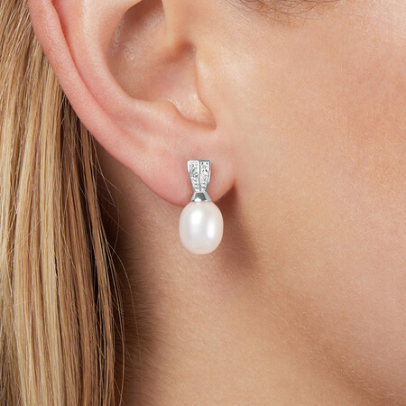 Drop Earrings with Cultured Freshwater Pearl & Cubic Zirconia in Sterling Silver Drop Earrings with Cultured Freshwater Pearl & Cubic Zirconia in Sterling Silver