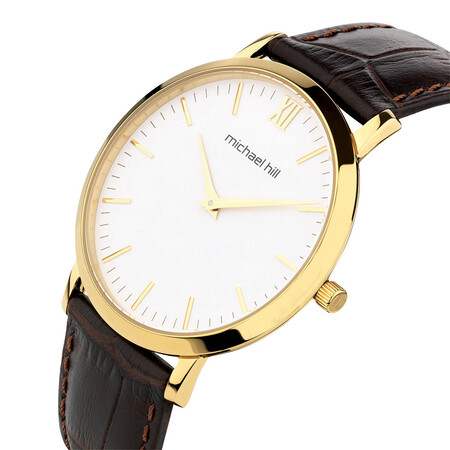 Men's Gold Tone Stainless Steel Watch with Brown Leather Men's Gold Tone Stainless Steel Watch with Brown Leather