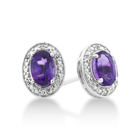 Halo Stud Earrings with Diamonds and Amethyst in Sterling Silver Halo Stud Earrings with Diamonds and Amethyst in Sterling Silver