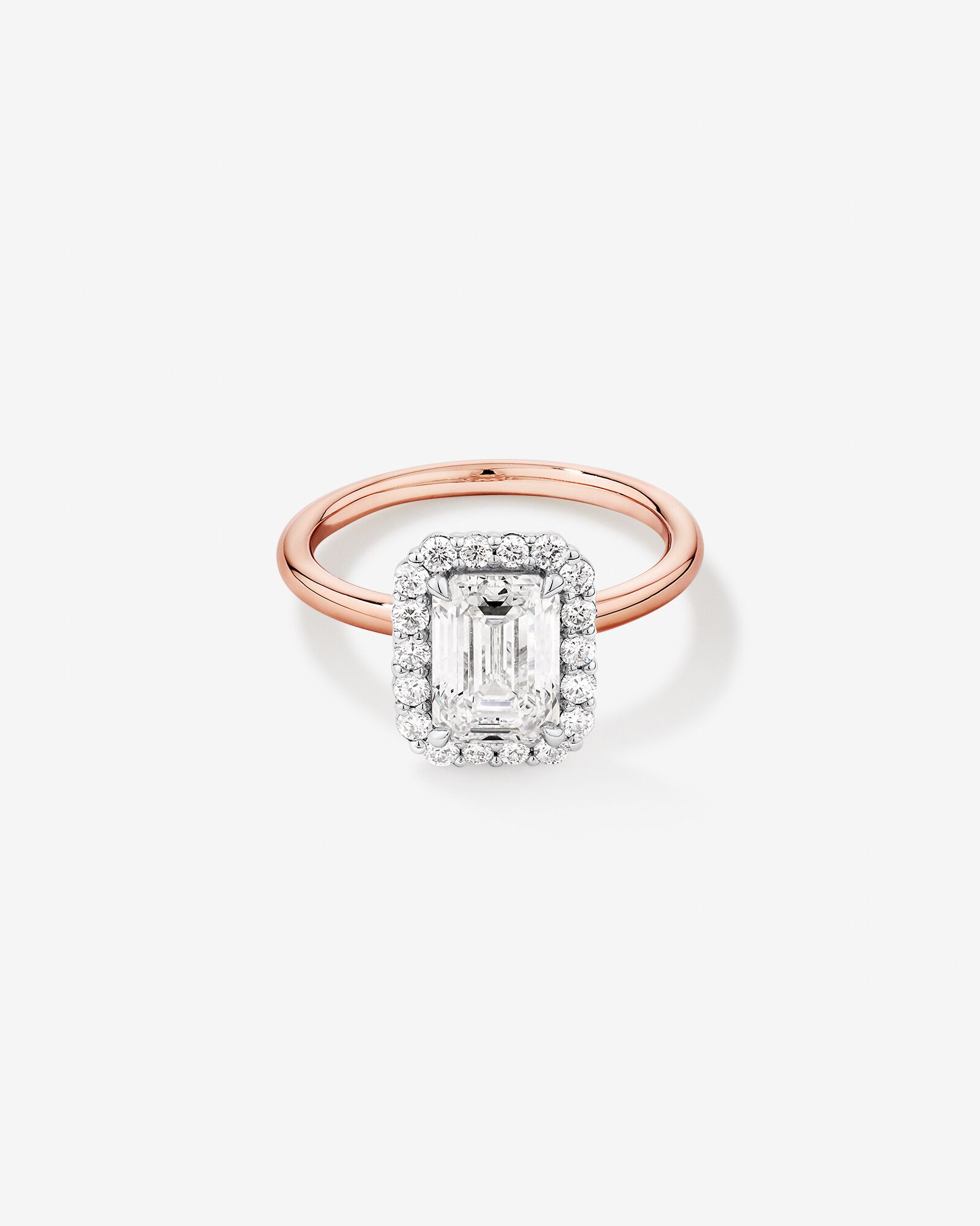 2.34 Carat TW Emerald Cut Laboratory-Grown Diamond Halo Engagement Ring in 14kt White and Rose Gold