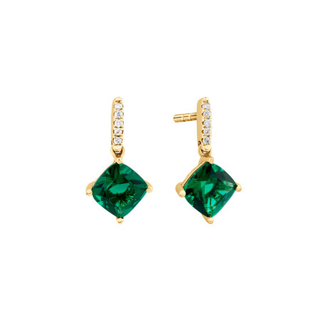 Drop Earrings With Created Emerald & Diamonds in 10kt Yellow Gold Drop Earrings With Created Emerald & Diamonds in 10kt Yellow Gold