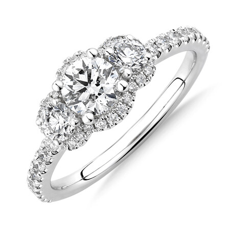 Sir Michael Hill Designer Three Stone Halo Engagement Ring with 1.07 Carat TW of Diamonds in 18kt White Gold
