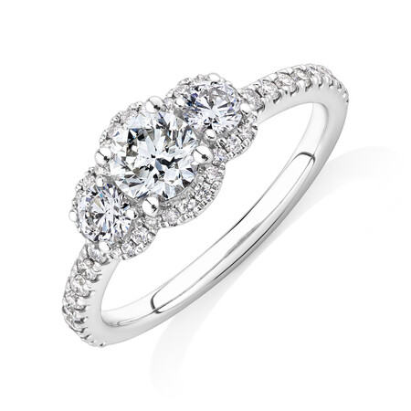 Sir Michael Hill Designer Three Stone Halo Engagement Ring with 1.07 Carat TW of Diamonds in 18kt White Gold Sir Michael Hill Designer Three Stone Halo Engagement Ring with 1.07 Carat TW of Diamonds in 18kt White Gold