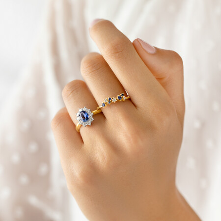 Ring with Created Blue Sapphire & Diamonds in 10kt Yellow Gold Ring with Created Blue Sapphire & Diamonds in 10kt Yellow Gold