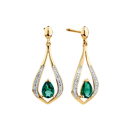 Drop Earrings with Created Emerald & Diamonds in 10kt Yellow Gold Drop Earrings with Created Emerald & Diamonds in 10kt Yellow Gold