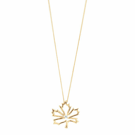 Maple Leaf Pendant with a Diamond in 10kt Yellow Gold