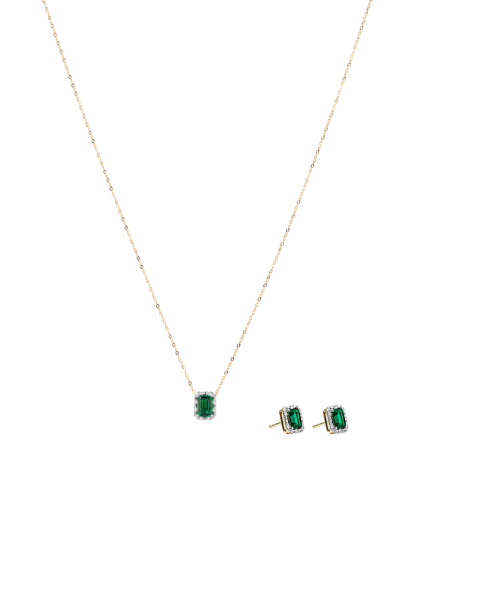 Ensemble De Boucles D’Oreilles À Tige Et Pendentif Avec Émeraude Synthétique Verte Taille Émeraude Et Halo De Diamant De Laboratoire En Or Jaune 10 Carats Et Rhodium