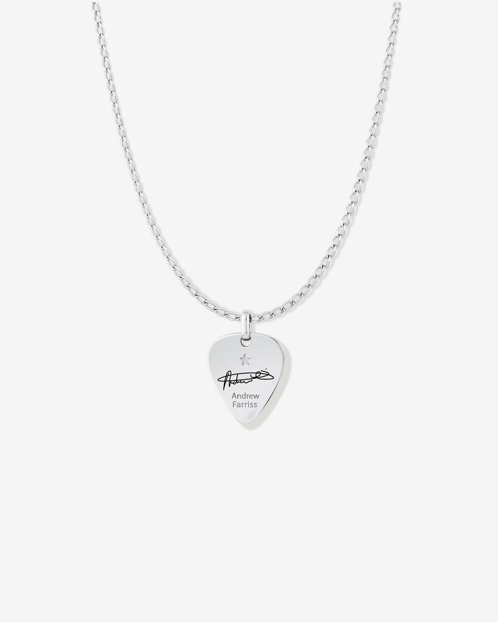 INXS Andrew Farriss Engraved Guitar Pick Pendant with Chain in Recycled Sterling Silver