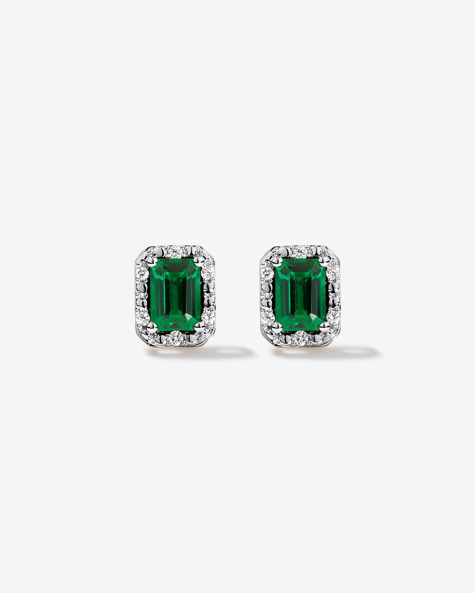Emerald Cut Green Created Emerald and Lab-Grown Diamond Halo Stud Earrings and Pendant Necklace Set in 10kt Yellow Gold and Rhodium