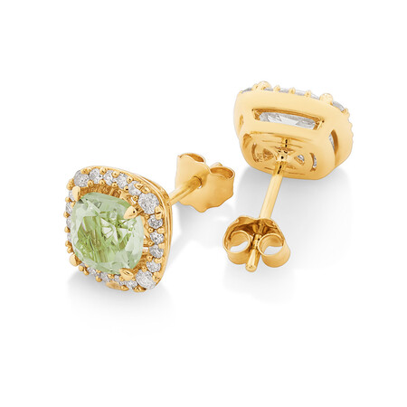 Halo Stud Earrings with Green Amethyst & 0.32 Carat TW of Diamonds in 10kt Yellow Gold Halo Stud Earrings with Green Amethyst & 0.32 Carat TW of Diamonds in 10kt Yellow Gold