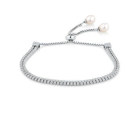 Adjustable Bracelet with Cubic Zirconia & Cultured Freshwater Pearl in Sterling Silver Adjustable Bracelet with Cubic Zirconia & Cultured Freshwater Pearl in Sterling Silver