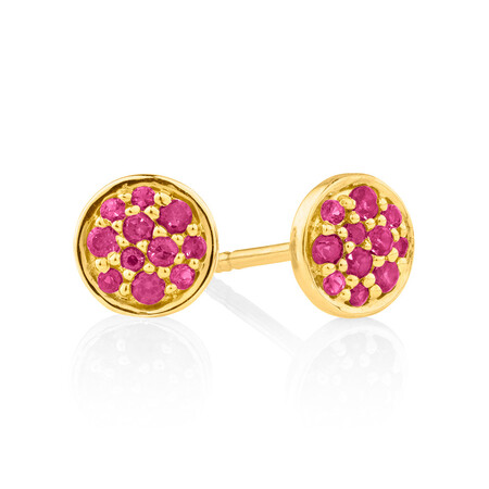 Pave Stud Earrings with Created Ruby in 10kt Yellow Gold Pave Stud Earrings with Created Ruby in 10kt Yellow Gold