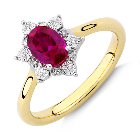 Created Ruby Halo Ring With 0.05 Carat of Diamonds in 10ct Yellow & White Gold Created Ruby Halo Ring With 0.05 Carat of Diamonds in 10ct Yellow & White Gold