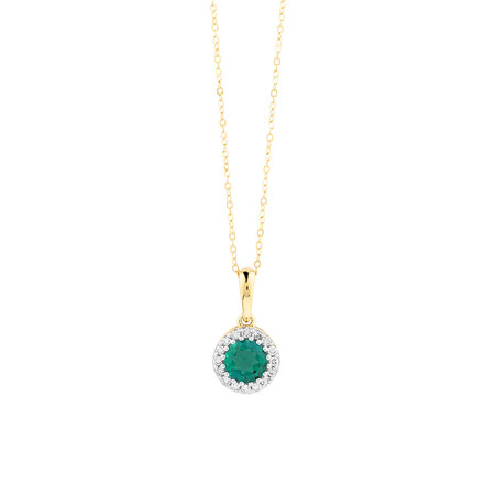 Halo Pendant With Diamonds And Created Emerald In 10kt Yellow Gold Halo Pendant With Diamonds And Created Emerald In 10kt Yellow Gold