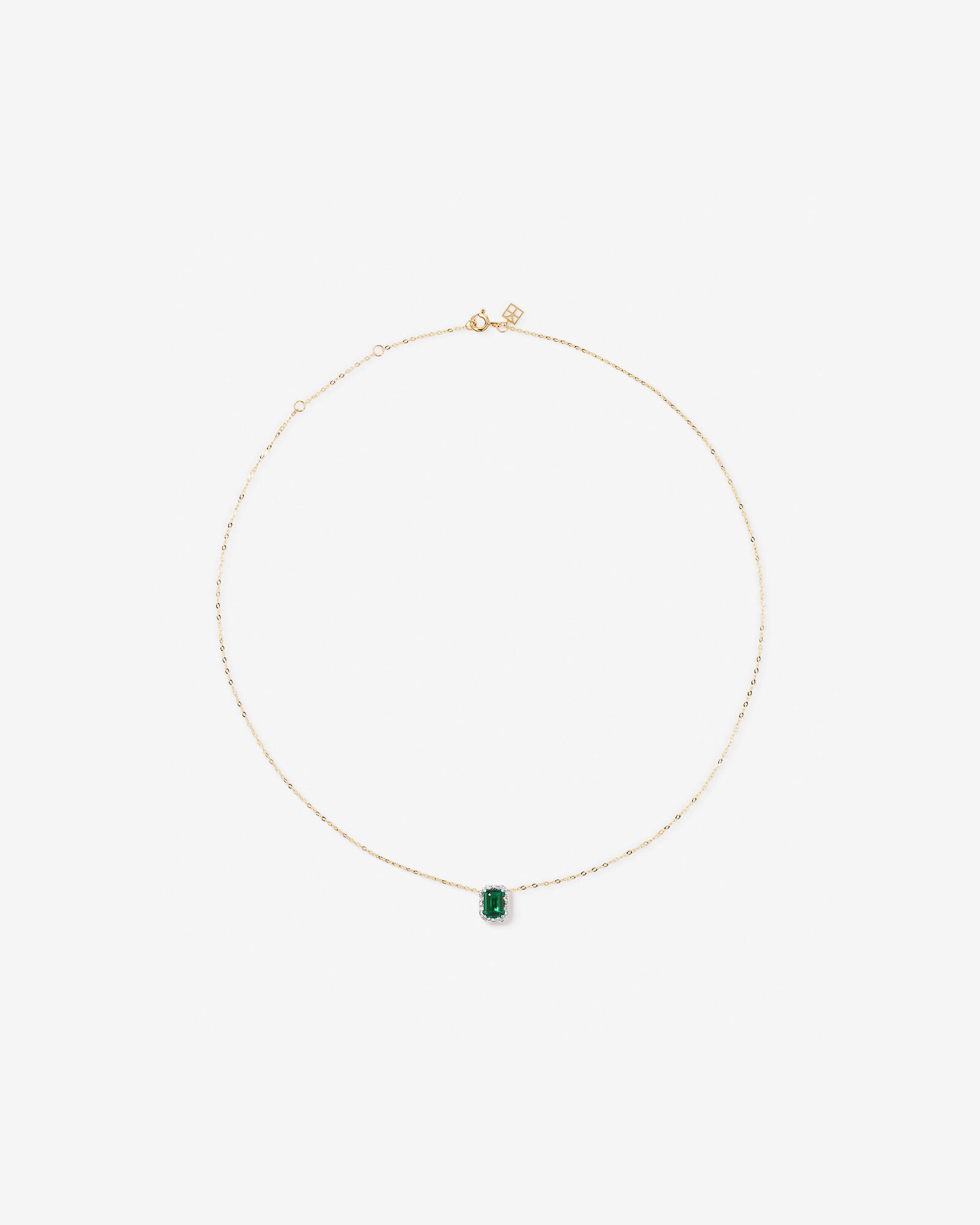 Emerald Cut Green Created Emerald and Lab-Grown Diamond Halo Stud Earrings and Pendant Necklace Set in 10kt Yellow Gold and Rhodium