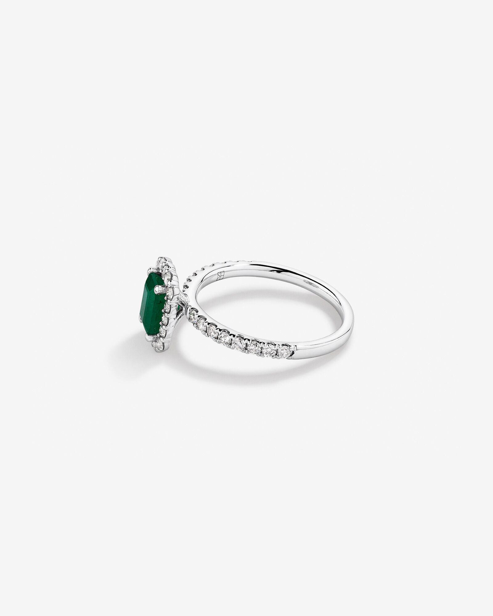 Emerald Cut Green Emerald Gemstone and 0.60 Carat TW Diamond Halo Ring in 14kt White Gold