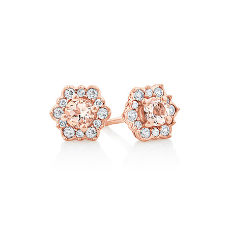 Halo Stud Earrings with Morganite & 0.25 Carat TW of Diamonds in 10kt Rose Gold. Halo Stud Earrings with Morganite & 0.25 Carat TW of Diamonds in 10kt Rose Gold.