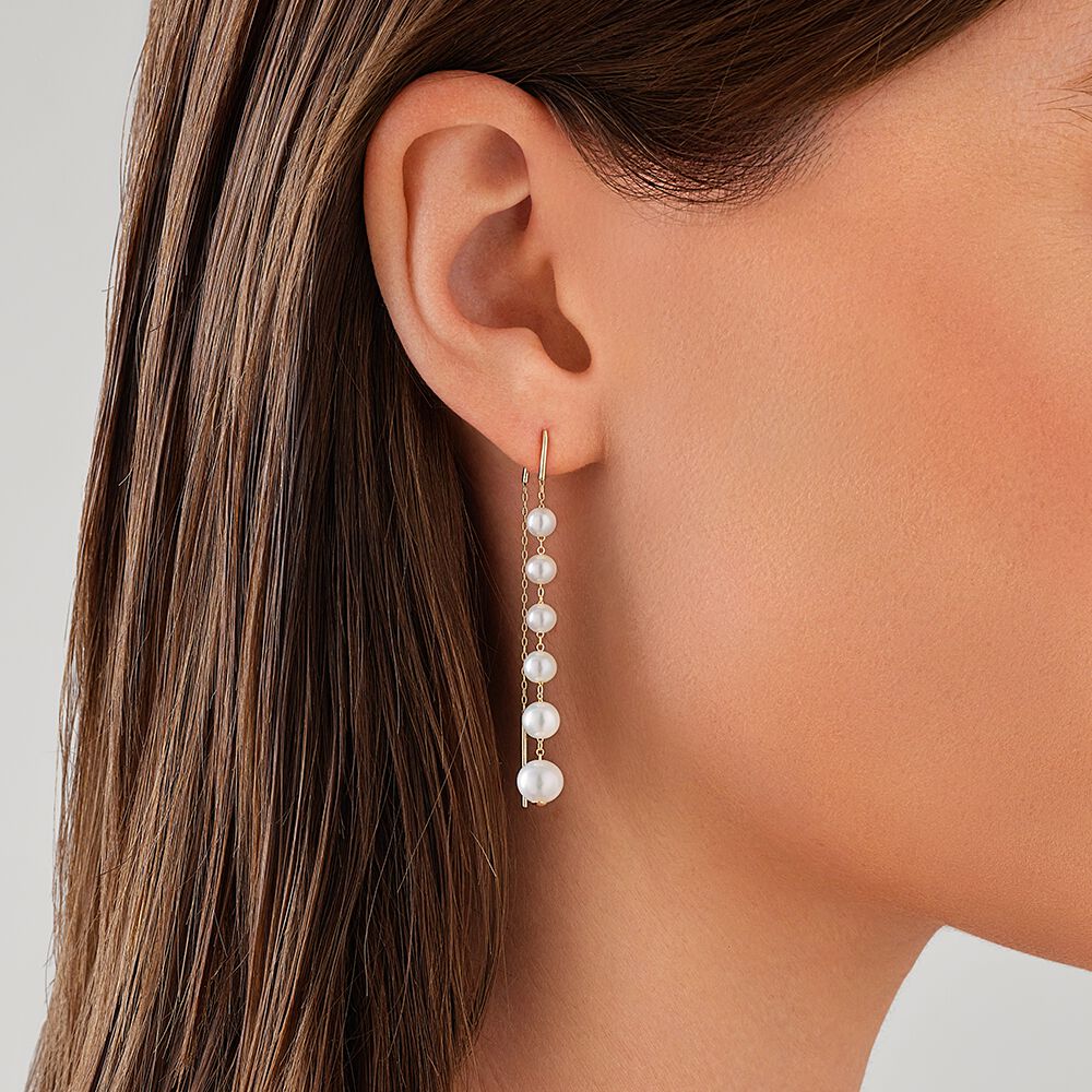 Threader Earrings with Cultured Freshwater Pearls in 10kt Yellow Gold