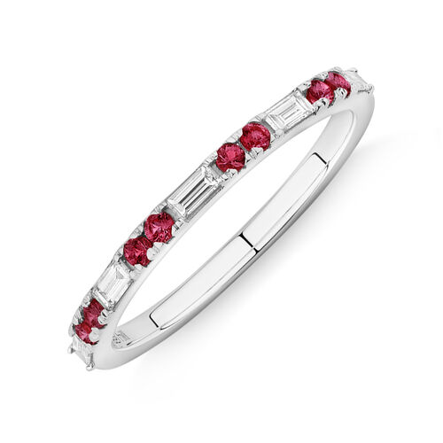 Ruby & Diamond Dot Dash Ring with 0.16 Carat TW in 10kt White Gold