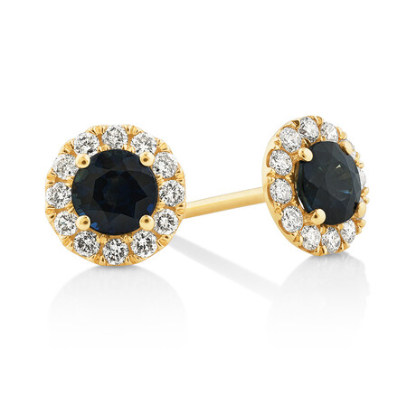 Halo Stud Earrings with Sapphire & 0.28 Carat TW of Diamonds in 10kt Yellow Gold