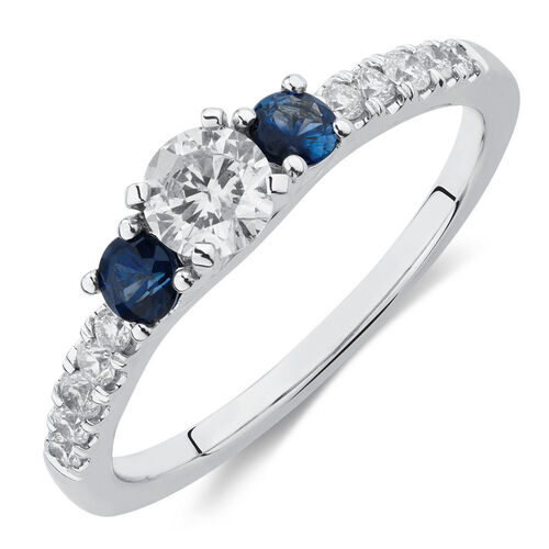 Three Stone Engagement Ring with Sapphire & 1/2 Carat TW of Diamonds in 10kt White Gold