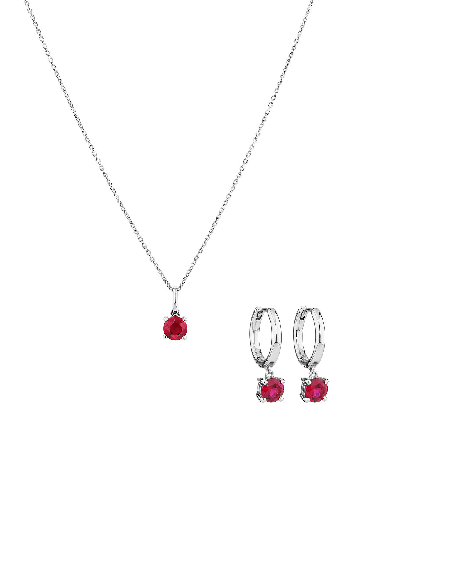 Ensemble En Argent Sterling Avec Boucles D’Oreilles Créoles Et Pendentif En Pierre De Rubis Synthétique Rouge Taille Ronde