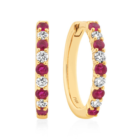 Huggie Earrings with Natural Ruby & 0.20 Carat TW of Diamonds in 10kt Yellow Gold Huggie Earrings with Natural Ruby & 0.20 Carat TW of Diamonds in 10kt Yellow Gold