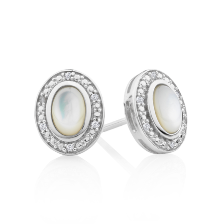 Halo Earrings with Mother of Pearl & Diamonds in Sterling Silver