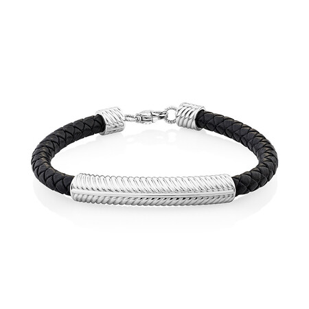 Textured Bracelet in Black Leather & Sterling Silver