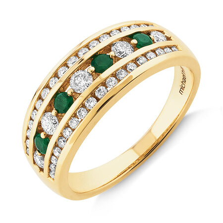 3 Row Ring with Emerald & 0.50 Carat TW of Diamonds in 14kt of Yellow Gold 3 Row Ring with Emerald & 0.50 Carat TW of Diamonds in 14kt of Yellow Gold