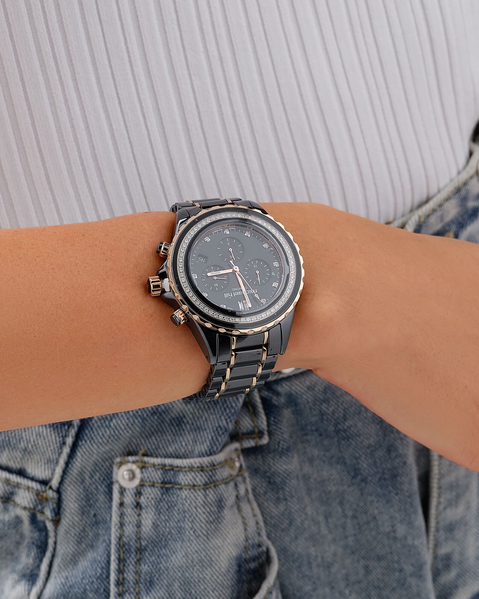 Chronograph Watch with 0.50 Carat TW of Diamonds Black Ceramic & Rose Tone Stainless Steel