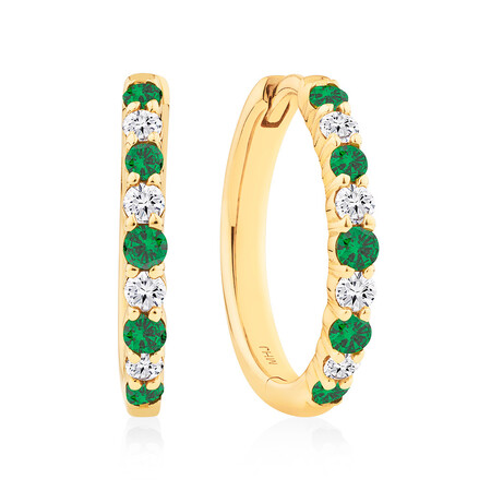 Huggie Earrings with Natural Emerald & .20 Carat TW of Diamonds in 10kt Yellow Gold