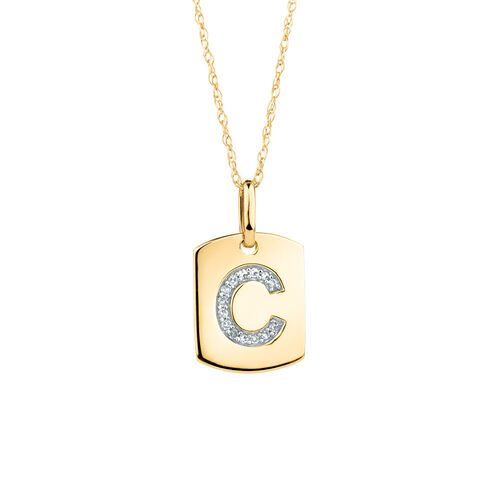 "C" Initial Rectangular Pendant With Diamonds In 10ct Yellow Gold