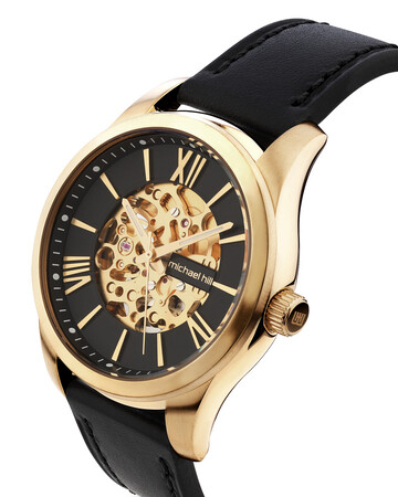 Michael Hill Automatic Skeleton Watch In Gold Tone Stainless Steel And Leather Michael Hill Automatic Skeleton Watch In Gold Tone Stainless Steel And Leather