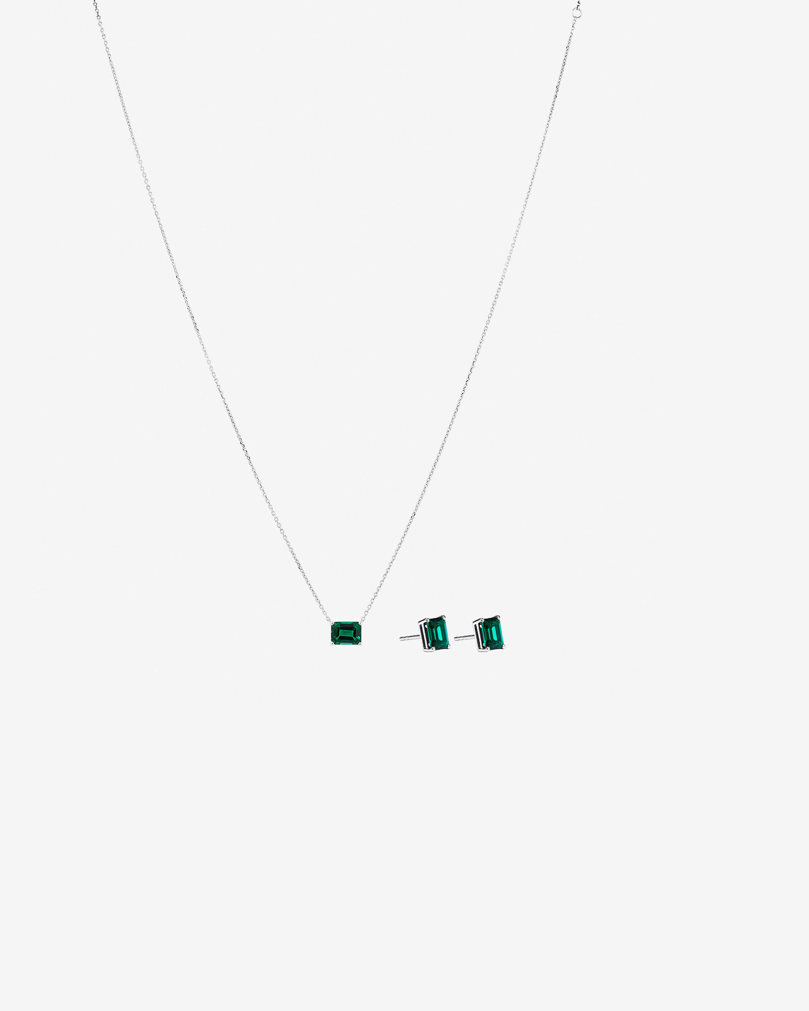 Emerald Cut Green Created Emerald Gemstone Stud Earrings and Pendant Necklace Set in Sterling Silver