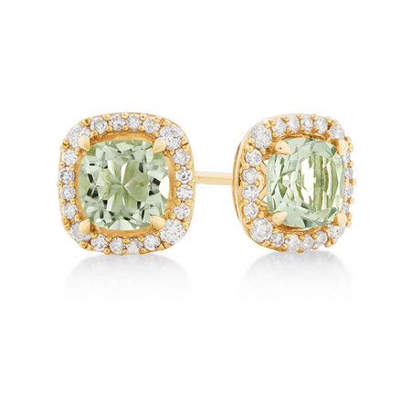 Halo Stud Earrings with Green Amethyst & 0.32 Carat TW of Diamonds in 10kt Yellow Gold Halo Stud Earrings with Green Amethyst & 0.32 Carat TW of Diamonds in 10kt Yellow Gold