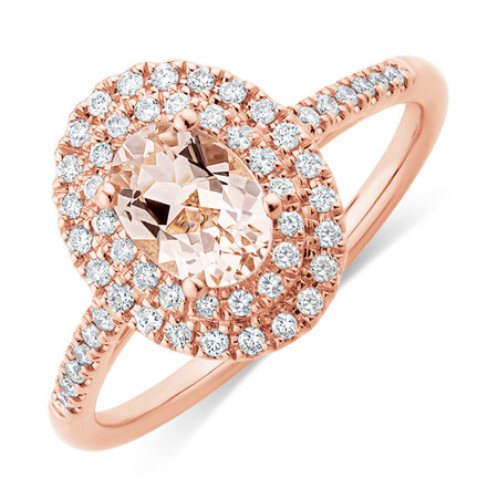 Morganite Double Halo Ring with 0.25 Carat TW of Diamonds in 10ct Rose Gold
