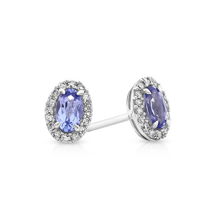 Halo Stud Earrings with Tanzanite & .12 TW Carat Of Diamonds in 10kt White Gold