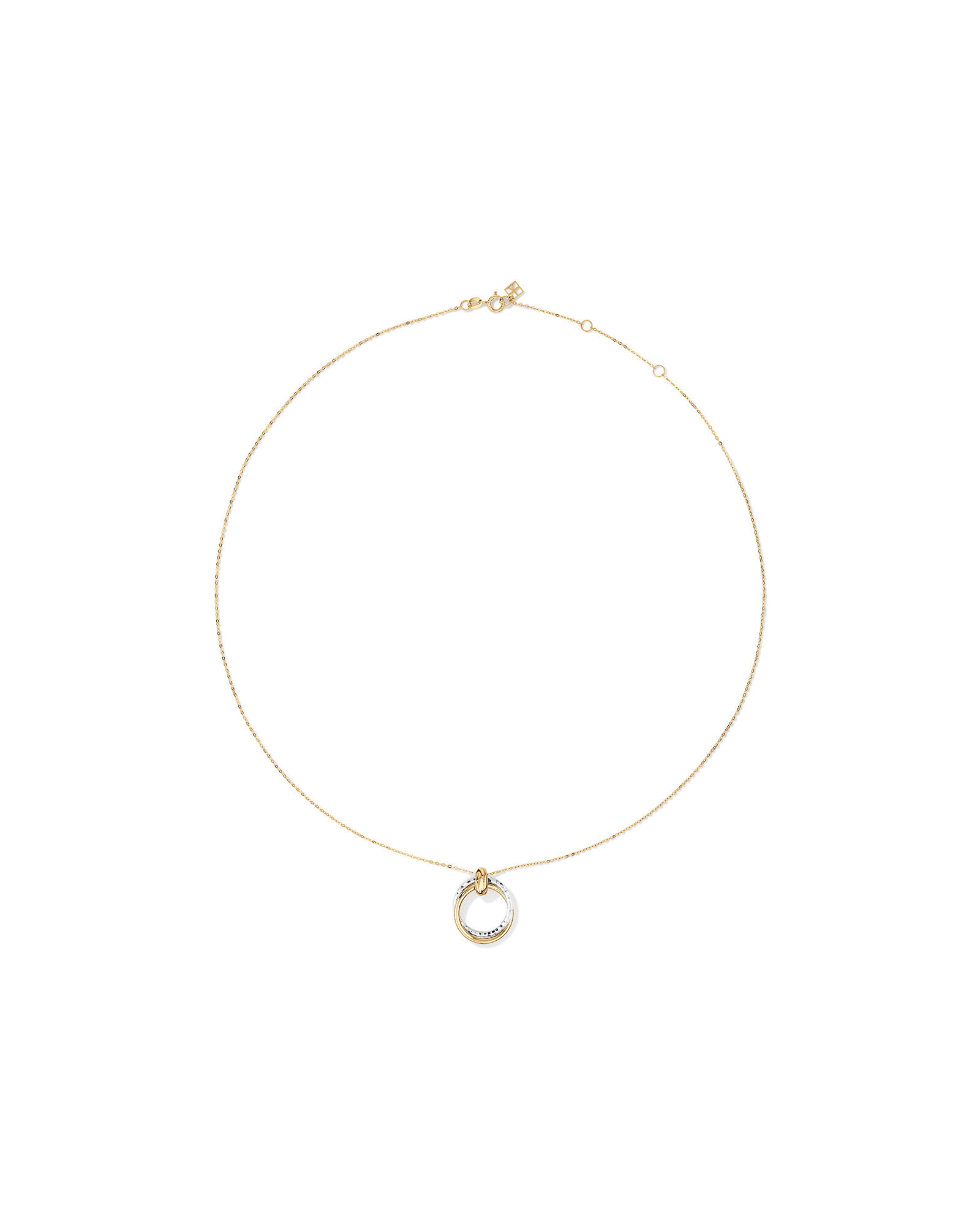 Two-Tone Double Circle Pendant Hammered Finish Necklace in 10kt White and Yellow Gold