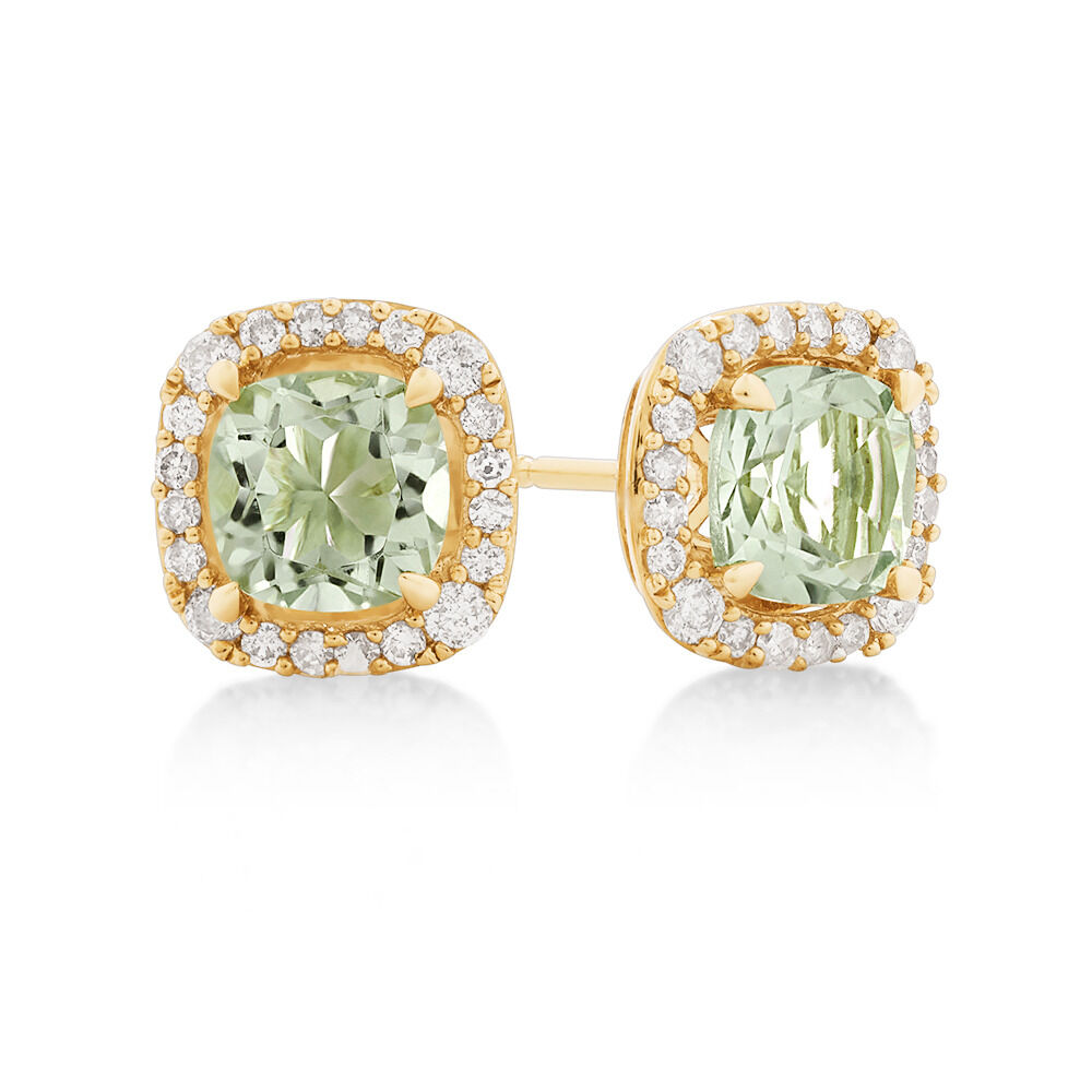 Halo Stud Earrings with Green Amethyst 0.32 Carat TW of Diamonds in 10kt Yellow Gold