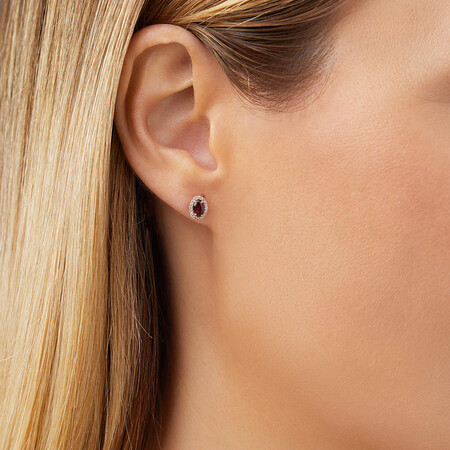 Halo Stud Earrings with Rhodolite Garnet & 0.12 Carat TW of Diamonds in 10kt Rose Gold Halo Stud Earrings with Rhodolite Garnet & 0.12 Carat TW of Diamonds in 10kt Rose Gold