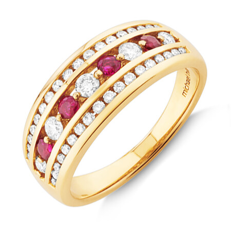 3 Row Ring with Ruby & 0.50 Carat TW of Diamonds in 14kt of Yellow Gold 3 Row Ring with Ruby & 0.50 Carat TW of Diamonds in 14kt of Yellow Gold