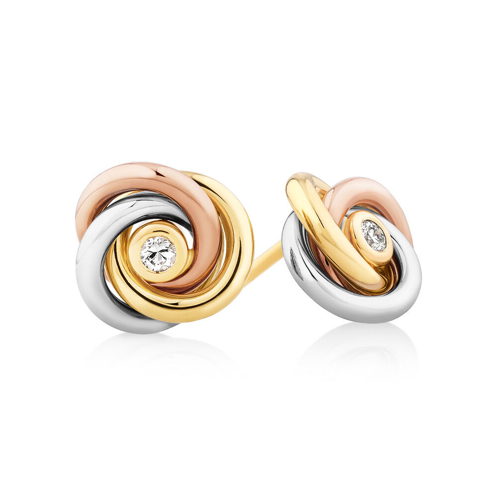 Diamond Accent Tri Tone Knot Stud Earrings in 10kt Yellow Rose and White Gold